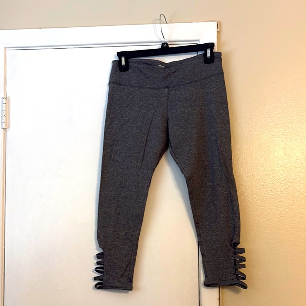 Gray Capri Leggings with Criss-Cross Strap Details